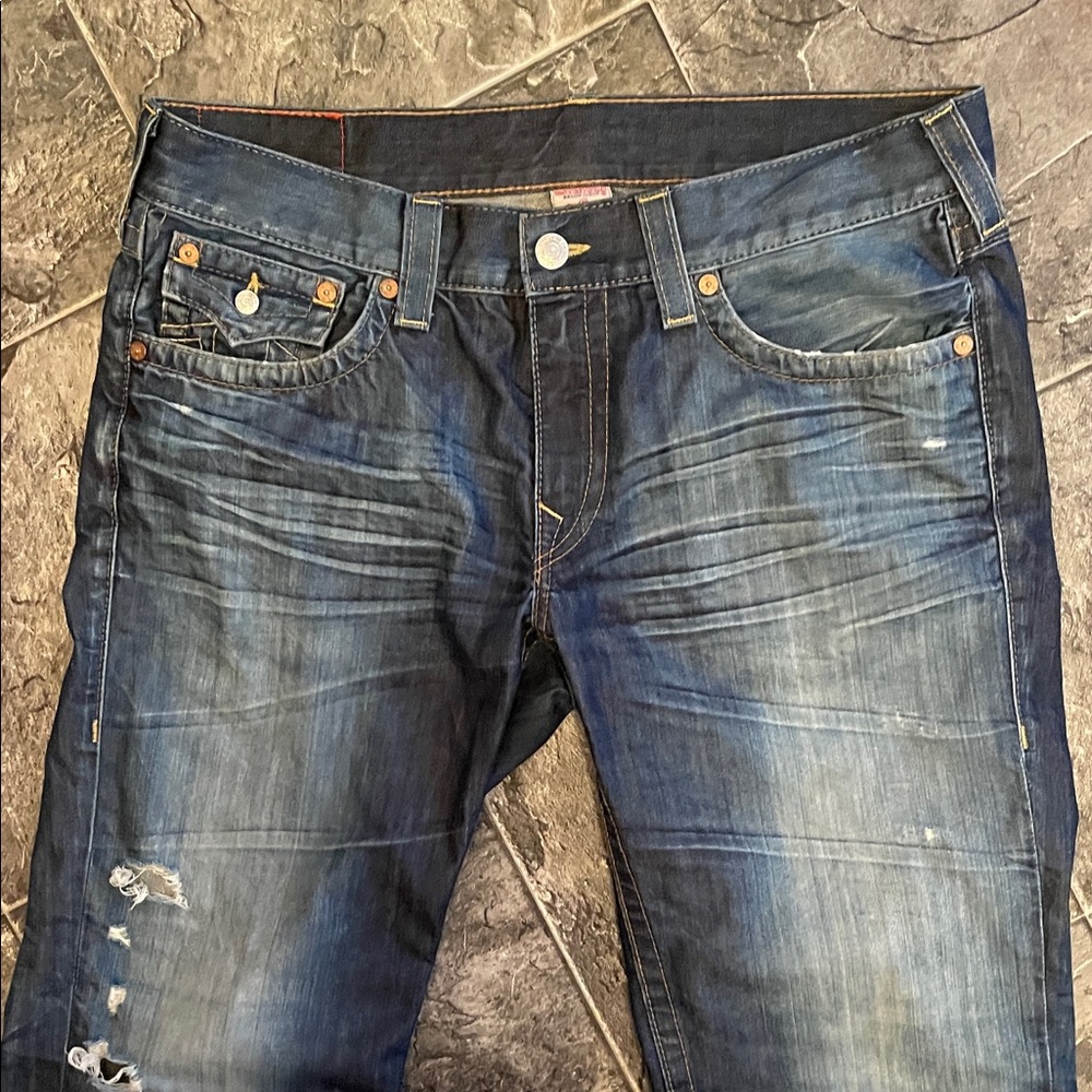 TRUE RELIGION Men’s ‘Billy’ Boootcut Distressed Big Flap Jeans Y2K Streetwear